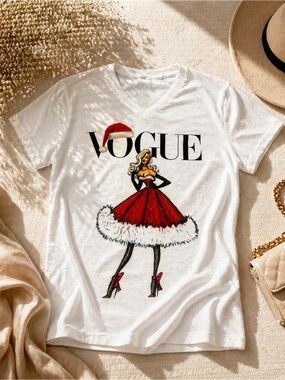 Vogue Holiday Graphic V-Neck Tee - White with Red Accent